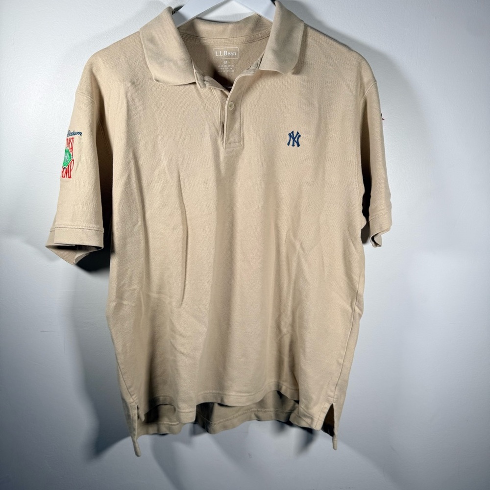 L.L. Bean New York Yankees Polo Shirt Medium Tan Cotton Embroidered Baseball
